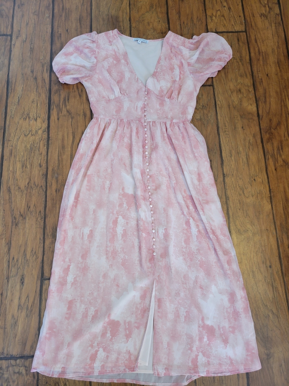 Womens Puff-Sleeve Pink Midi Dress with Button Front